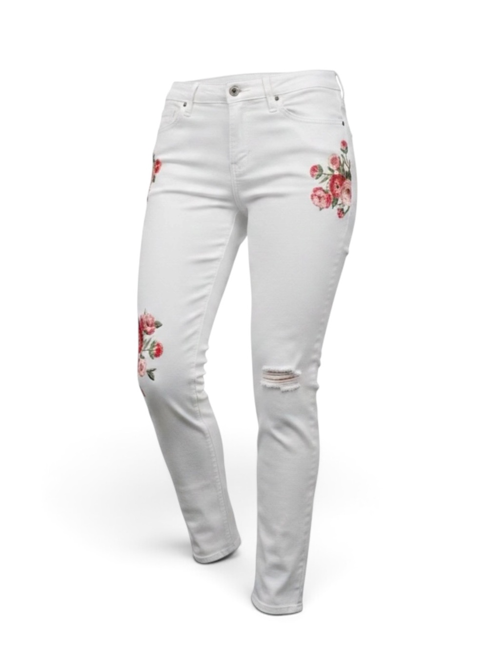 Driftwood Beau White Embroidered Floral Skinny Jeans Size 30/27 Boho Ripped